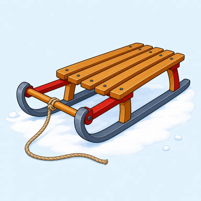 sled（そり・名詞）の覚え方イラスト — 雪の斜面を滑る小型の「そり」を思い浮かべ、ride a sled（そりに乗る）、pull a sled（そりを引く）、go sledding（そり遊びをする）をセットで覚える