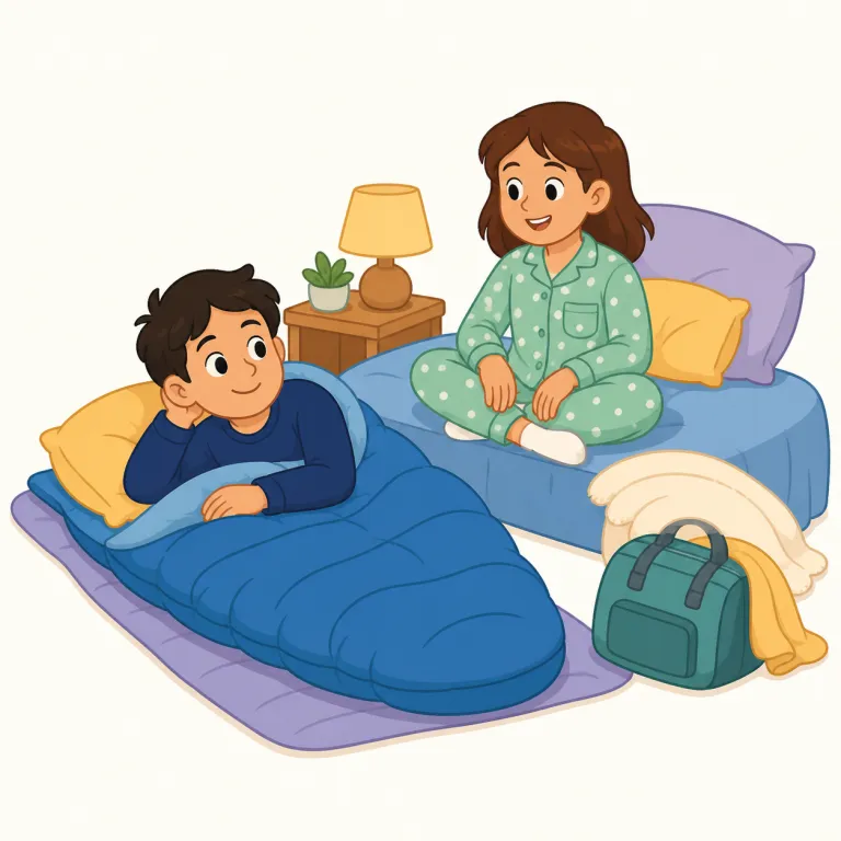 sleep over（外泊する、お泊まりする・句動詞）の覚え方イラスト — sleep が核