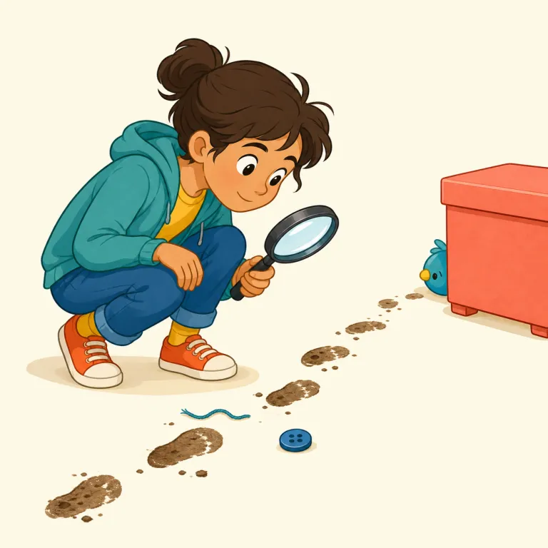 sleuth（探偵・名詞）の覚え方イラスト — sleuth は「虫眼鏡を持って足跡を追う人」を思い浮かべると覚えやすい名詞です