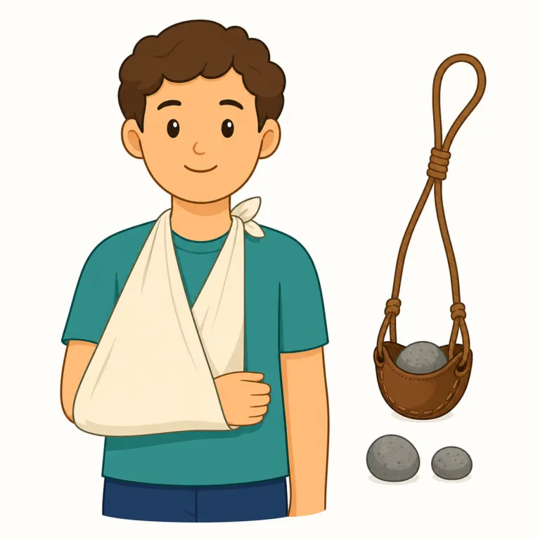 sling（吊り包帯 / 投石器・名詞）の覚え方イラスト — 名詞の sling は「ひもや布で何かをつるす・飛ばす道具」とまとめると覚えやすいです