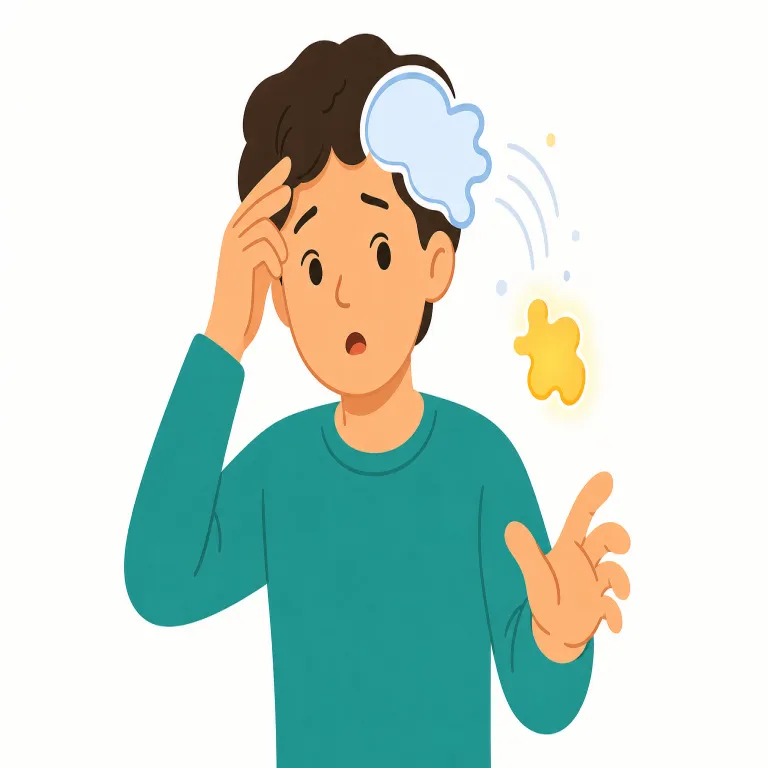 slip a's mind（うっかり忘れる・イディオム）の覚え方イラスト — slip は「つるっと滑る」、mind は「頭の中」