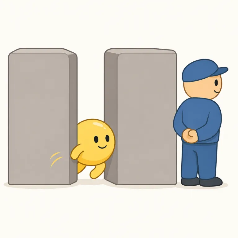 slip by（すり抜ける・句動詞）の覚え方イラスト — `slip by` は、相手の注意や監視のそばを「するっと通り抜ける」感覚で覚えます