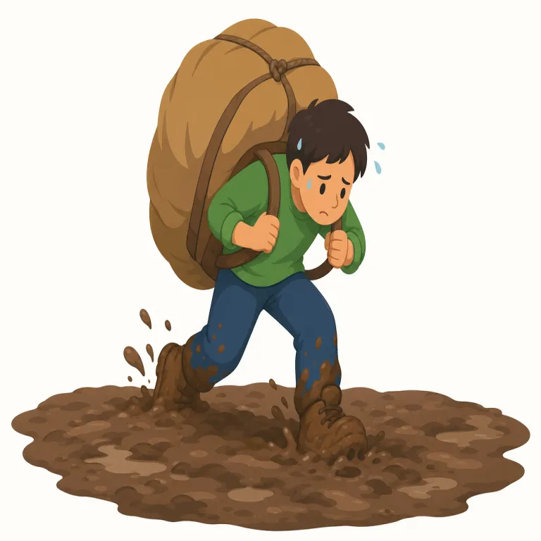 slogging（懸命に働く・動詞）の覚え方イラスト — `slogging` は、仕事や課題を長時間かけて地道にこなす場面でも使えます