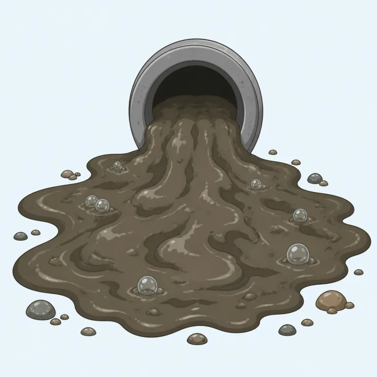 sludge（汚泥・名詞）の覚え方イラスト — sl-で始まる語には slip, slide, slush のように「ぬるっ・ずるっ」と動きが悪い感触をもつものが多く、sludge もその仲間としてまとめて覚えると残りやすい