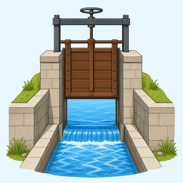 sluice（水門、水路・名詞）の覚え方イラスト — sluice は「水を通す設備」とセットで覚えると残りやすい語です