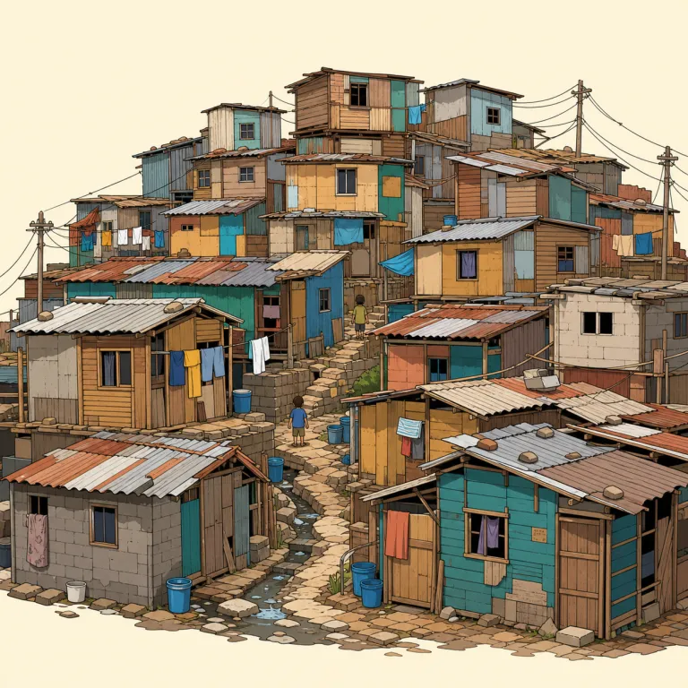 slum（スラム街・名詞）の覚え方イラスト — urban slum（都市のスラム街）、live in a slum（スラム街に住む）、slum area（スラム地区）が頻出
