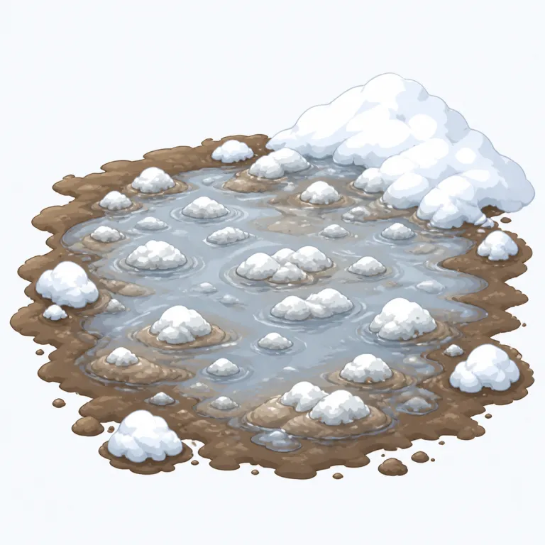 slush（雪解け水 or ぬかるみ・名詞）の覚え方イラスト — slush は、きれいに積もる snow ではなく、溶けて形が崩れ、水と汚れが混ざってぐちゃっとした雪の状態だと固定すると覚えやすいです