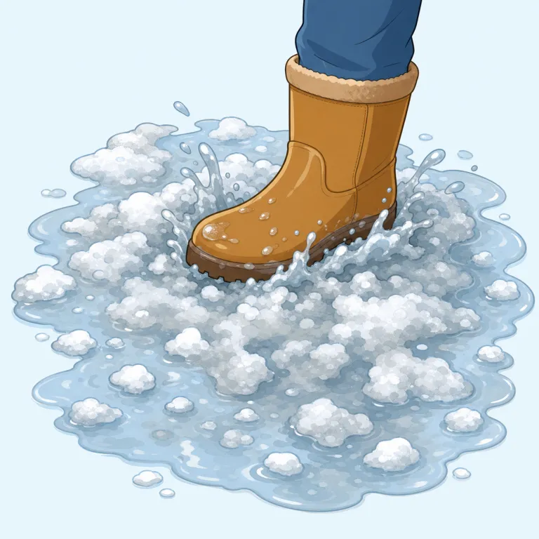 slushy（べちゃべちゃした・形容詞）の覚え方イラスト — まず slush を「シャーベット状の雪・ぬかるみ」とセットで押さえると、-y が付いた slushy は「そういう状態っぽい」で理解しやすいです