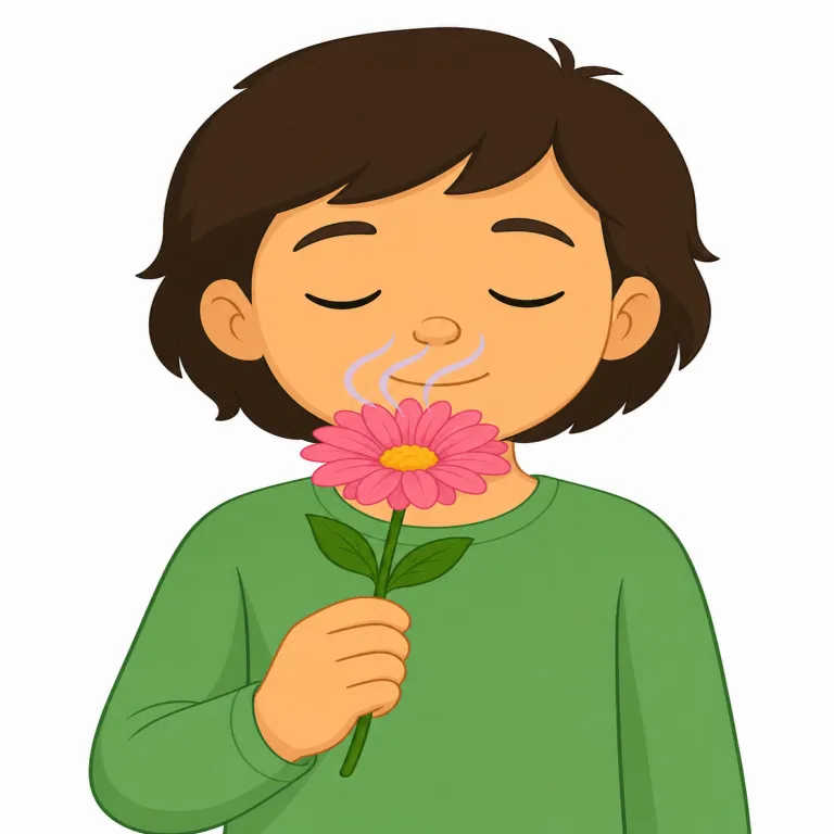smell（嗅ぐ・動詞）の覚え方イラスト — この意味の smell は、人や動物が鼻を使って対象のにおいを確かめる動作を表します