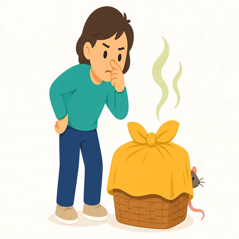 smell a rat（怪しいと察する・イディオム）の覚え方イラスト — まず known word の smell＝「においを嗅ぐ」から、「証拠はまだないが、空気の変さを嗅ぎ取る」と覚えると残りやすいです