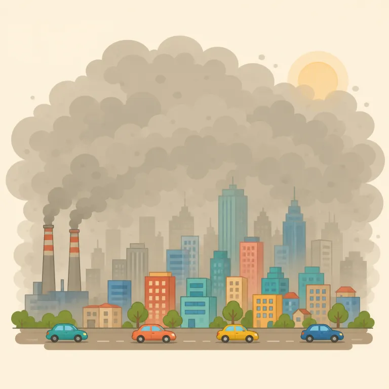 smog（スモッグ・名詞）の覚え方イラスト — smog は、smoke と fog を知っていると覚えやすい語で、煙や排ガスで空気がよどんだ状態を指すと意識すると定着します