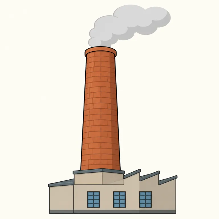 smokestack（煙突・名詞）の覚え方イラスト — smoke は「煙」、stack は「積み重ね・縦に重なるもの」と知っていれば、smokestack は「煙が上に積み上がるように伸びる塔状の管」とイメージすると定着しやすいです