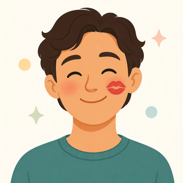 smooch（キスする・動詞）の覚え方イラスト — まず kiss を基本形として覚え、その「もっとくだけた、甘い、いちゃつく感じ」の版が smooch