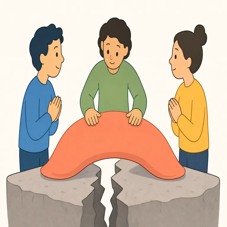 smooth over（丸く収める・句動詞）の覚え方イラスト — smooth over は、対立や気まずさの「ざらつき」を目立たなくし、場を落ち着かせる句動詞です