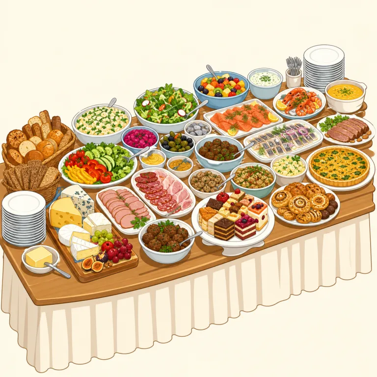 smorgasbord（バイキング形式の料理、スモーガスボード・名詞）の覚え方イラスト — 大きなテーブルに料理がたくさん並び、自分で好きな皿を取る場面を思い浮かべましょう