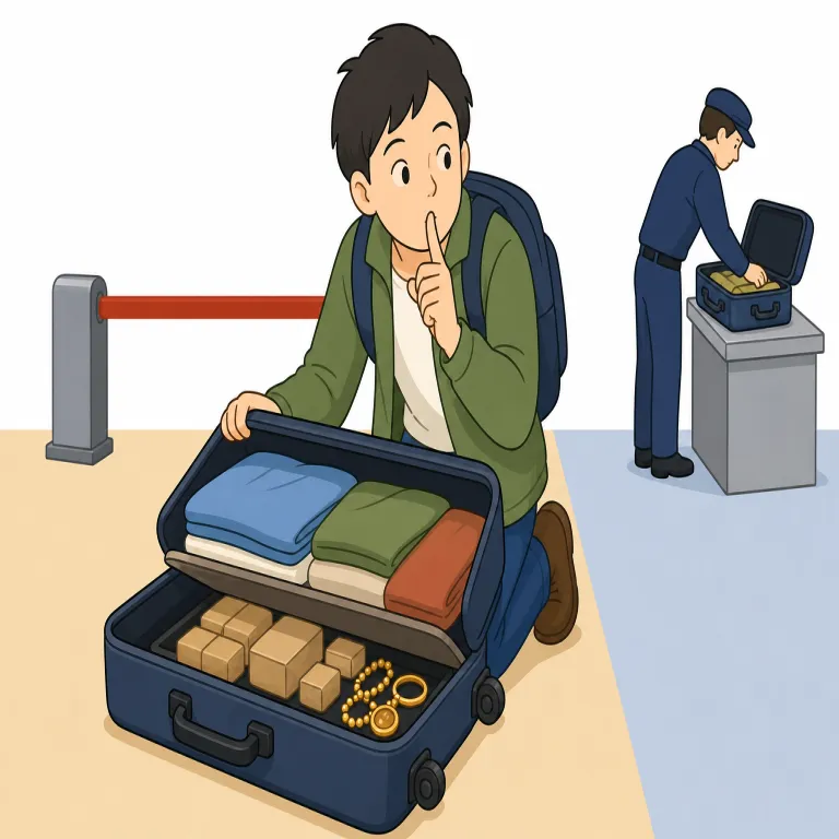 smuggler（密輸業者・名詞）の覚え方イラスト — smuggle を知っていれば、「こっそり運び込む人」が smuggler