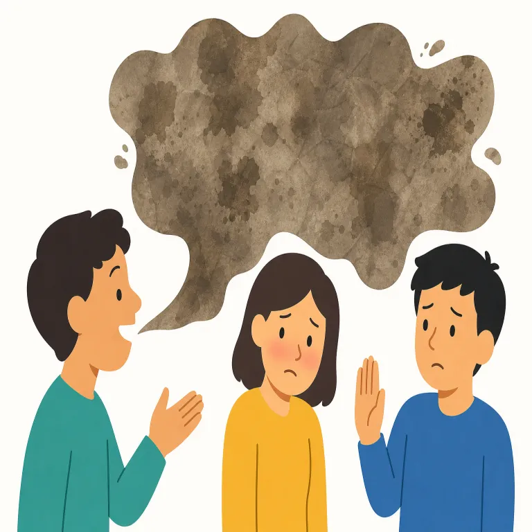smutty（下品な、わいせつな・形容詞）の覚え方イラスト — smutty は dirty の「物理的に汚い」から意味がずれて、「品が悪い・エロくて下品」へ寄る語として覚えると残りやすい