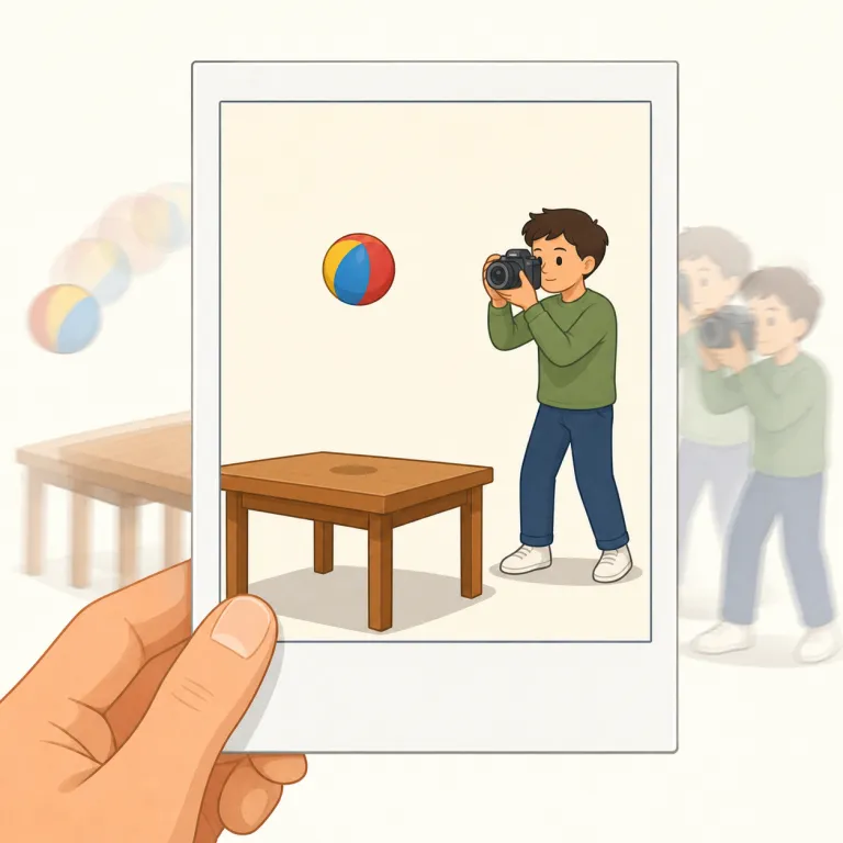snapshot（スナップショット・名詞）の覚え方イラスト — この意味の snapshot は、写真そのものではなく、ある時点の状態をそのまま切り出して残した記録を指す語として覚えます