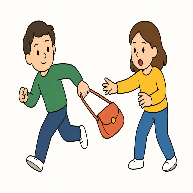 snatch（ひったくる、奪い取る・動詞）の覚え方イラスト — この snatch は、単に「さっとつかむ」だけでなく、相手の手元や支配下にある物を一瞬で奪う意味
