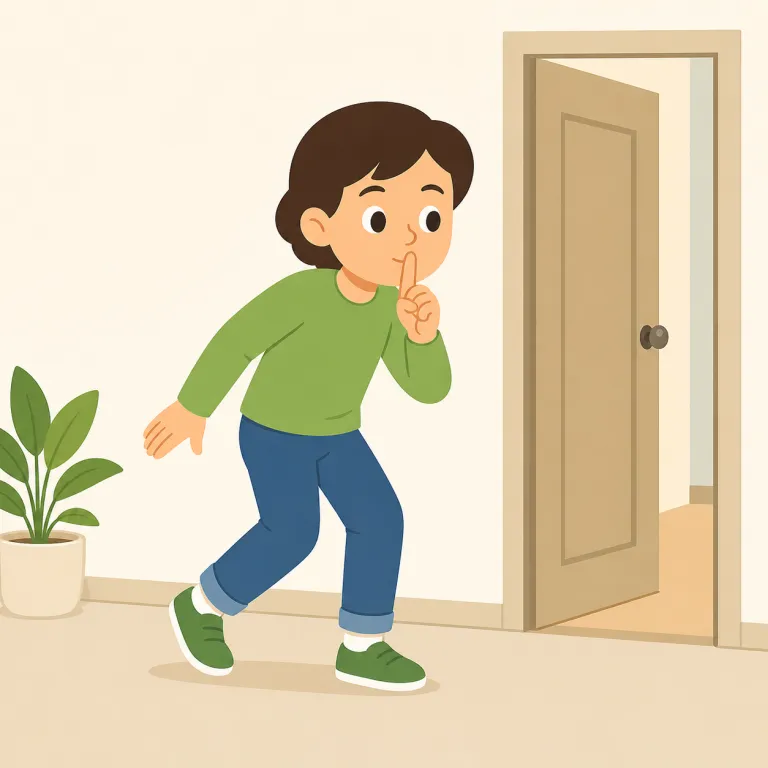 sneak（こっそり動く、忍び込む・動詞）の覚え方イラスト — secret は「秘密そのもの」、hide は「隠れる状態」ですが、sneak は「見つからないようにこっそり動く」動作に焦点がある語です