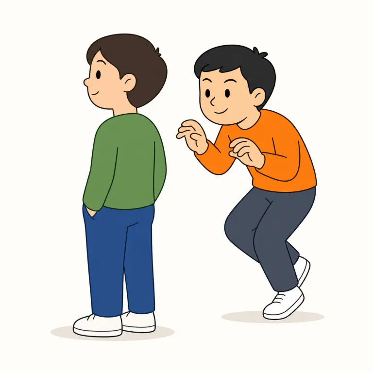 sneak up on（こっそり近づく・句動詞）の覚え方イラスト — sneak up on は、誰かや動物が相手に気づかれないようにそばまで行き、驚かせたり不意を打ったりする具体的な動作として覚えます