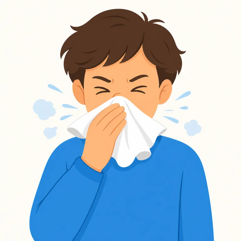 sneeze（くしゃみをする・動詞）の覚え方イラスト — sn- で始まる語には sniff（鼻をすする）, snore（いびきをかく）のように、鼻や息に関係するものが目立ちます