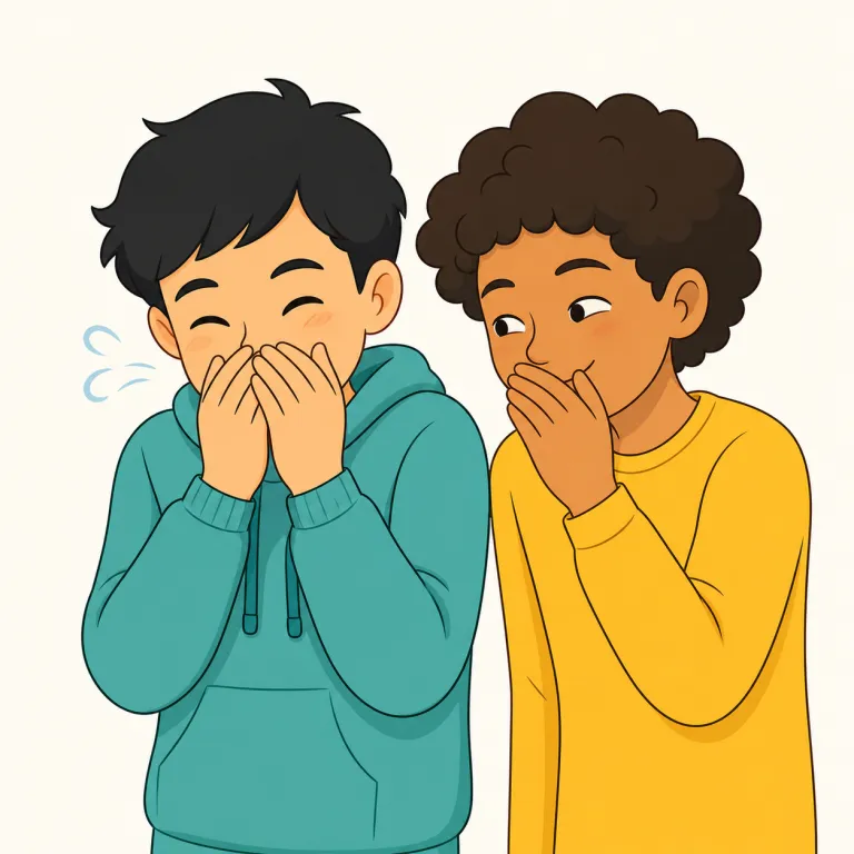 snickering（忍び笑い、クスクス笑い・名詞）の覚え方イラスト — snickering はまず動詞 snicker「クスクス笑う」を土台にすると覚えやすいです