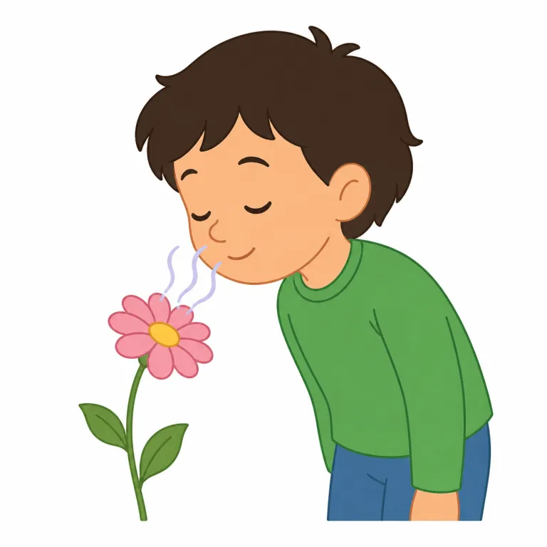 sniff（匂いを嗅ぐ・動詞）の覚え方イラスト — sniff は、鼻を近づけて短く息を吸い込み、匂いを確かめる動作として覚えます