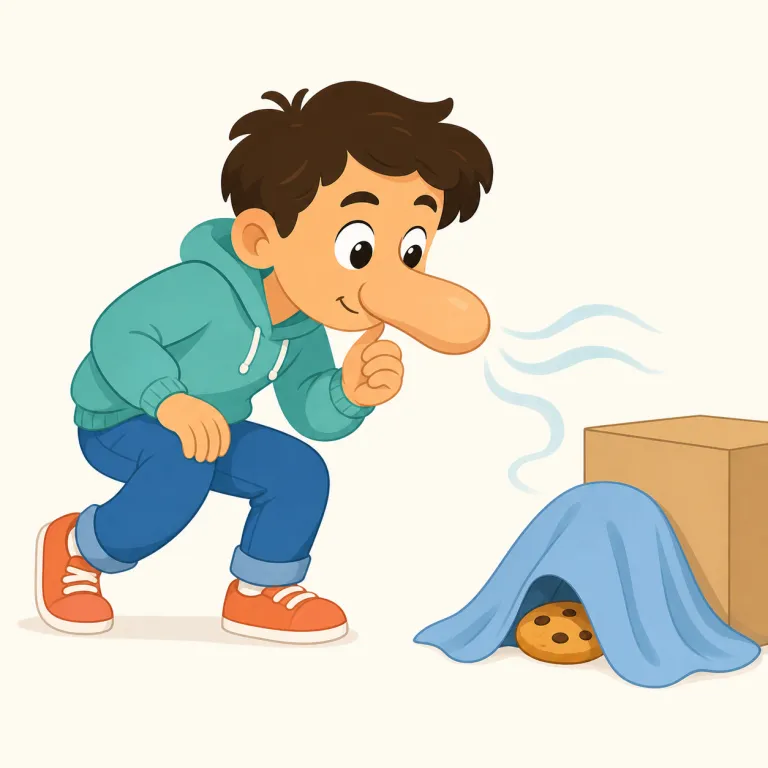 sniff out（嗅ぎつける・句動詞）の覚え方イラスト — まず sniff を「犬が鼻をひくひくさせてにおいを探る動き」として覚えると、そこから比喩で「手掛かりを探る」に広がります