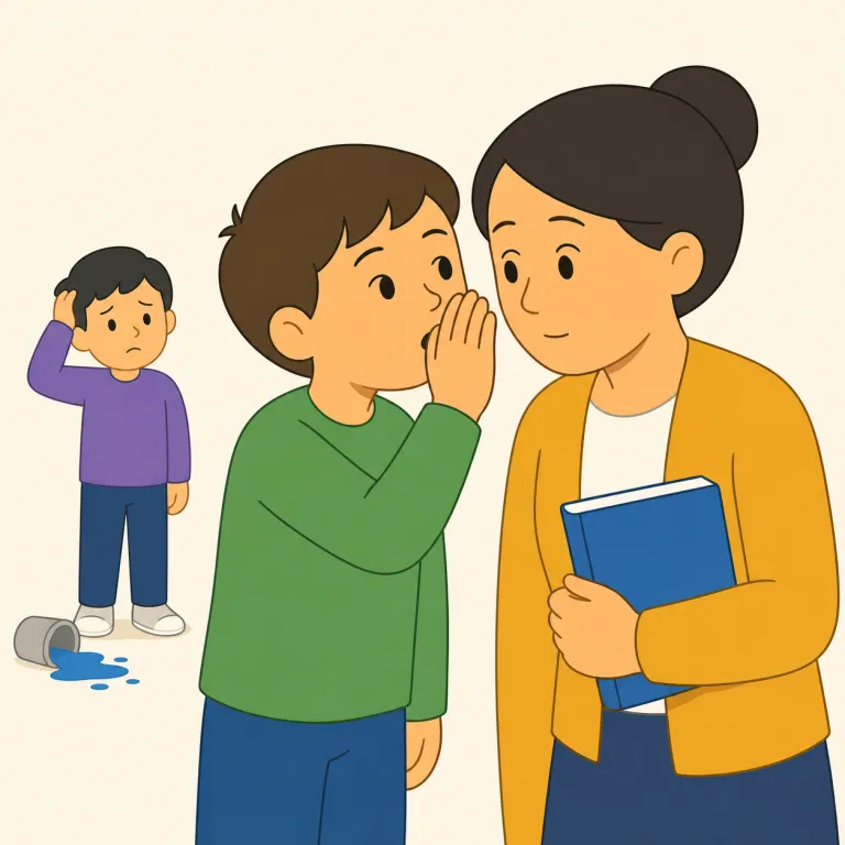 snitch（密告する・動詞）の覚え方イラスト — snitch は「情報を伝える人」全般ではなく、仲間を売って先生・警察・当局にチクる人、という強いマイナス感情で覚えると定着しやすい語です