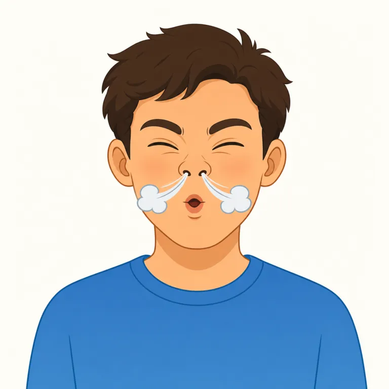 snort（鼻を鳴らす・動詞）の覚え方イラスト — この動詞は、口を開けて笑うというより、鼻で「ふん」と反応する場面に合います