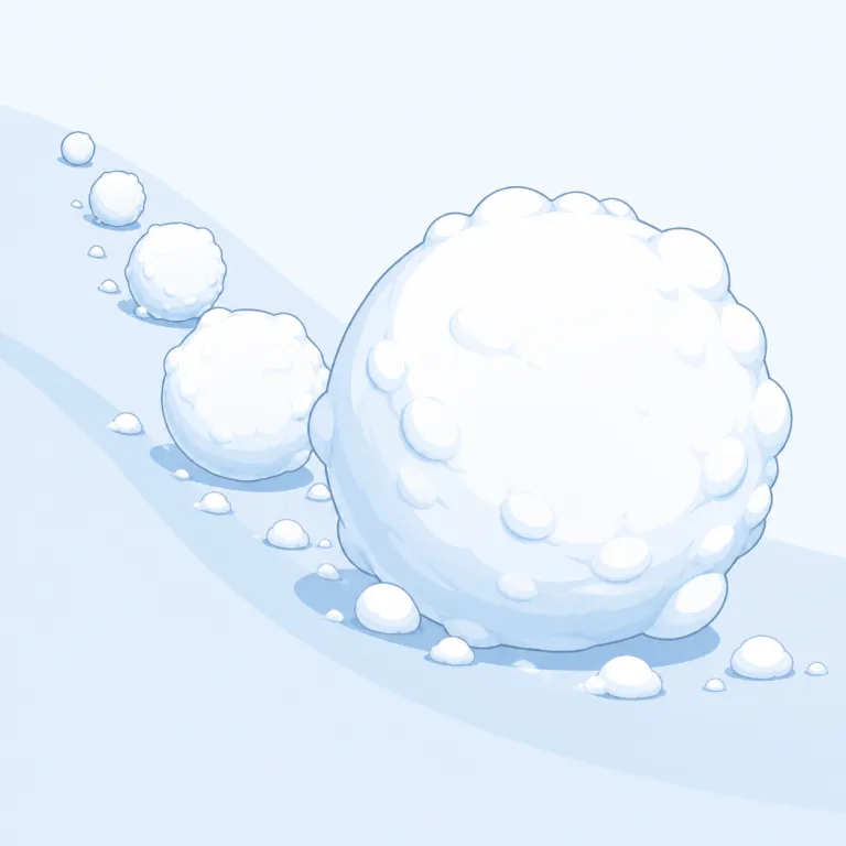 snowballing（雪だるま式に増える・動詞）の覚え方イラスト — 動詞の snowballing は、雪玉が坂を転がるうちに雪をまとって巨大化するイメージから来ている