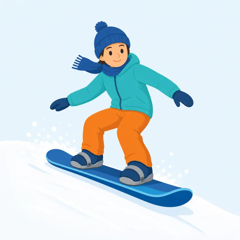 snowboarding（スノーボード・名詞）の覚え方イラスト — snowboarding は snow「雪」+ board「板」+ -ing「活動」と分けると、雪の上でボードに乗る活動だと直感的に覚えられます