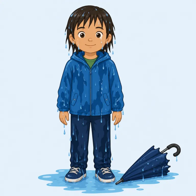 soaked（びしょ濡れ・形容詞）の覚え方イラスト — soaked は「びしょ濡れ」の意味で覚えます