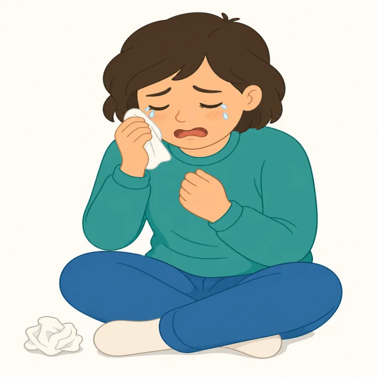 sob（すすり泣く、むせび泣く・動詞）の覚え方イラスト — 動詞としては「涙が出る」よりも、呼吸が乱れて声にならない泣き方を思い浮かべる