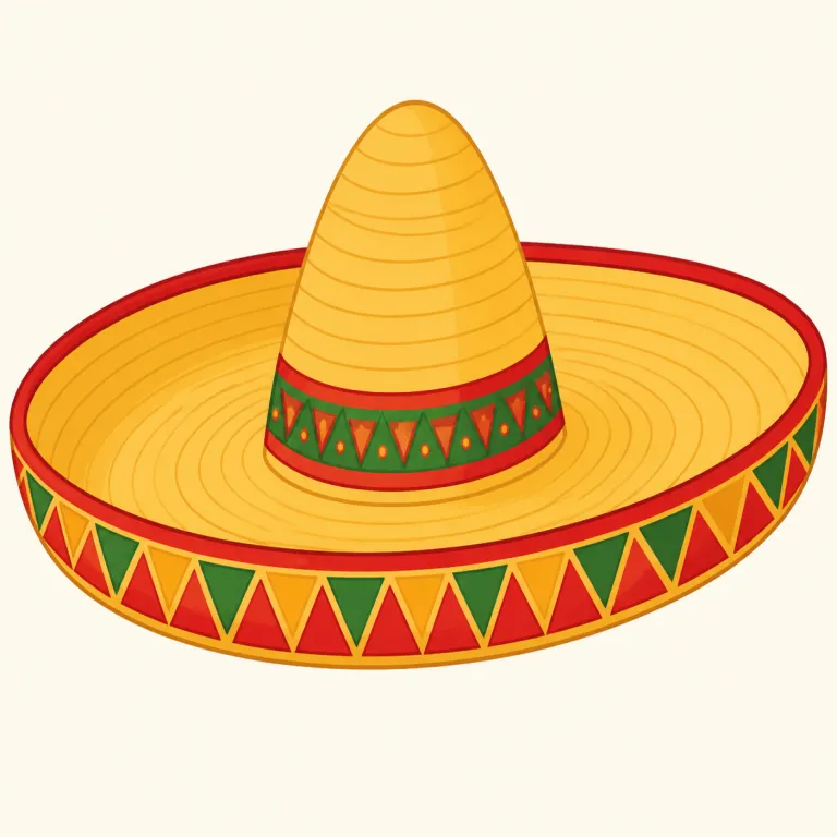 sombrero（ソンブレロ・名詞）の覚え方イラスト — hat や cap の仲間として覚えつつ、「sombrero は普通の帽子ではなく、強い日差しの屋外でかぶる、つばが非常に広いメキシコ風の帽子」と具体的な場面ごと固定すると残りや…