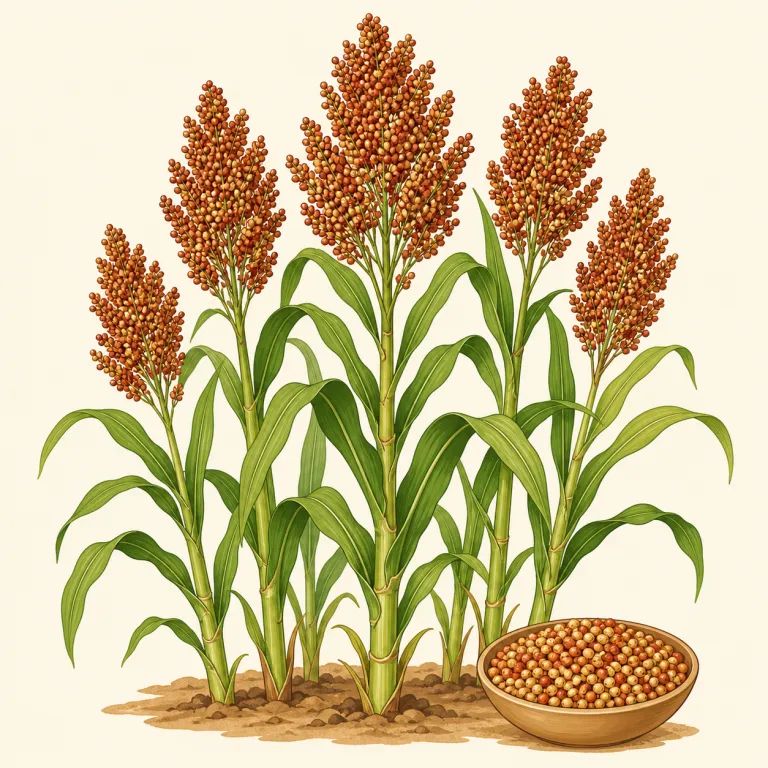 sorghum（高粱（ソルガム）・名詞）の覚え方イラスト — 農業の話で corn, wheat, rice と並んで出る「穀物名」の一つとして覚えると定着しやすいです