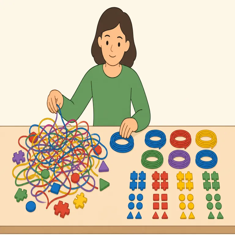sort out（解決する・句動詞）の覚え方イラスト — sort out は、問題・誤解・予定の衝突などを「きちんと処理して解決する」時に使います