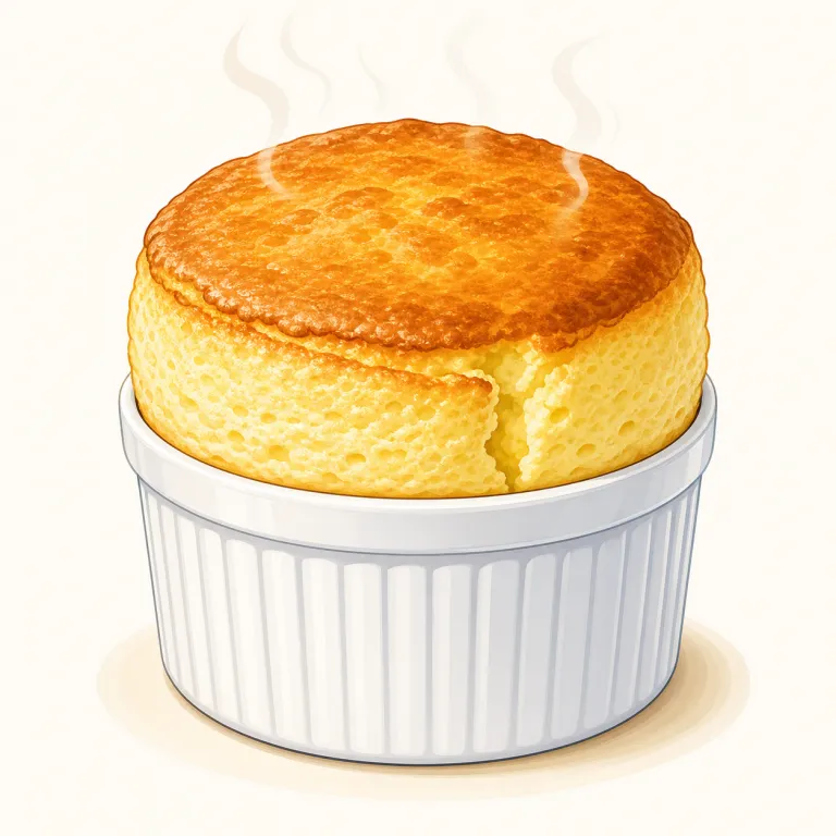 souffle（スフレ・名詞）の覚え方イラスト — souffle は日本語でも「スフレ」で見かけるので、まず「ふわっと膨らんだ、軽い焼きもの」という像を固定すると覚えやすいです