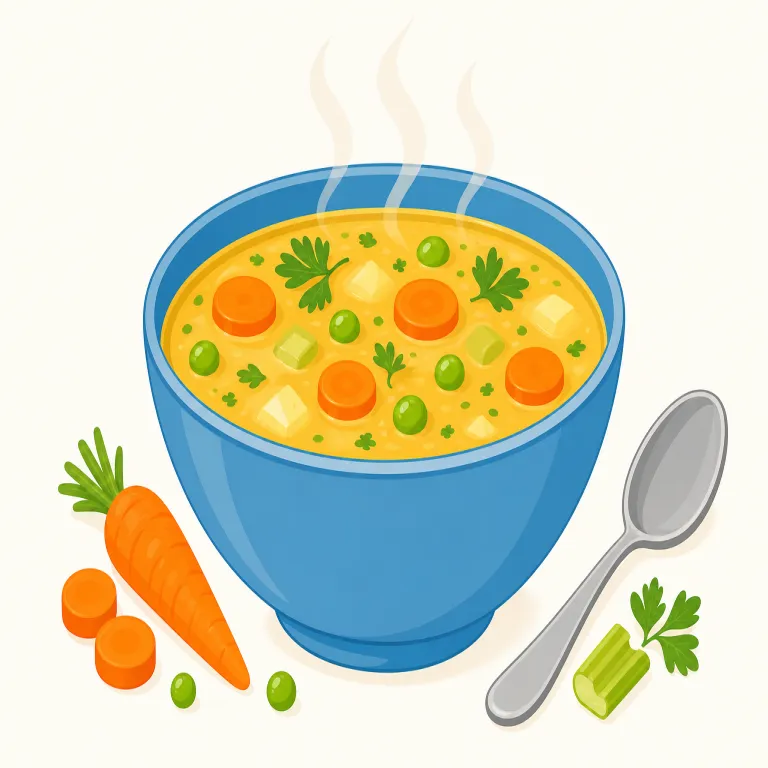 soup（スープ・名詞）の覚え方イラスト — soup は『飲み物』というより、スプーンで食べる“汁のある料理”として覚えると定着しやすいです