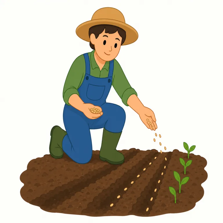 sow（種をまく・動詞）の覚え方イラスト — 動詞の sow は、手で種を散らし、時間をかけて芽が出る場面を思い浮かべると定着します