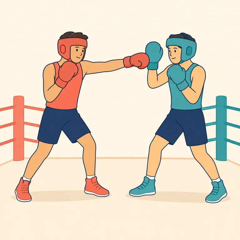 spar（スパーリング、軽い打ち合い・名詞）の覚え方イラスト — spar は、相手と向き合って軽く技を交わすイメージ