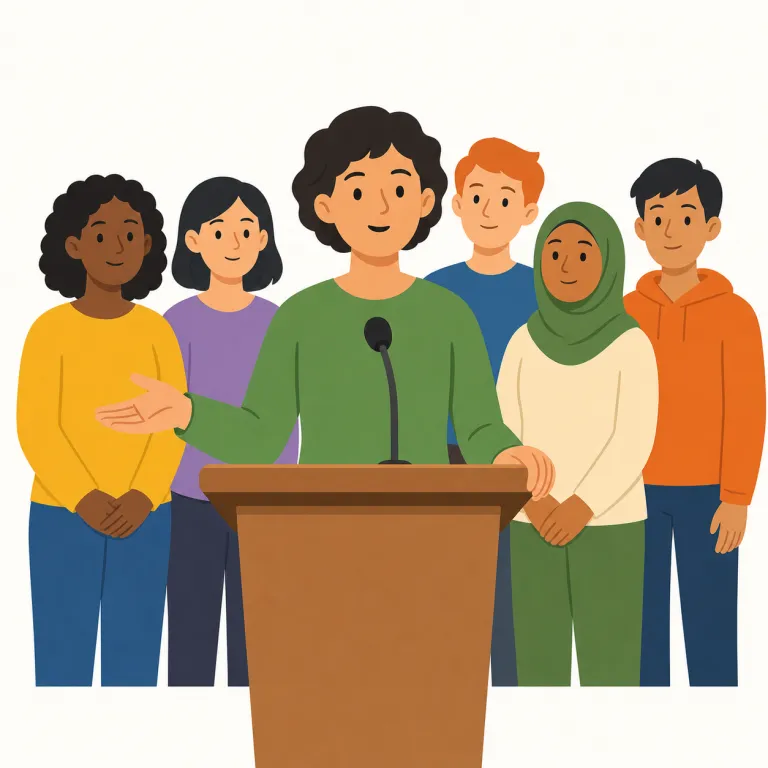 speak for（代表する・句動詞）の覚え方イラスト — speak for の「代表する」は、誰か・集団の代わりに声を出す場面で覚えるとよいです