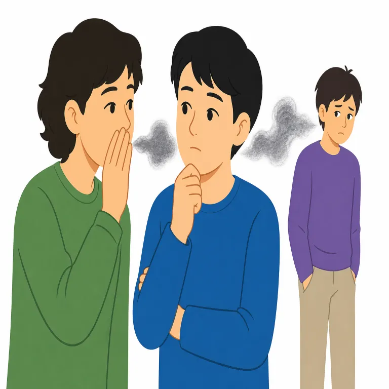 speak ill of（悪口を言う・イディオム）の覚え方イラスト — speak ill of は「悪口を言う」として、ill を「病気」ではなく「悪い」の意味で捉えると覚えやすいです