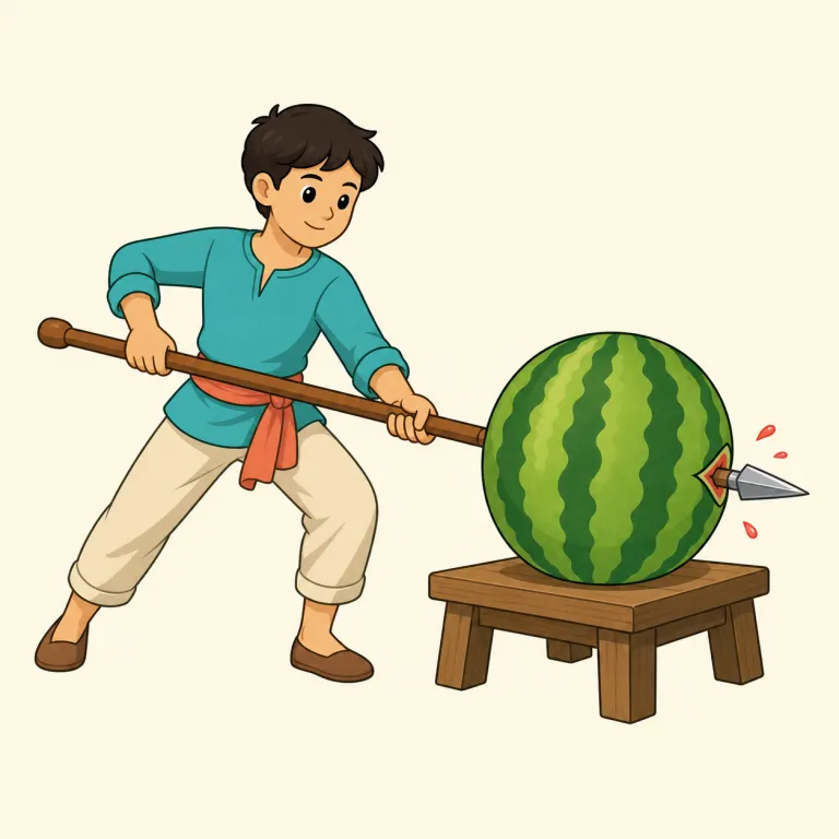 spear（槍・名詞）の覚え方イラスト — 長い棒の先が鋭くとがっている武器を思い浮かべましょう
