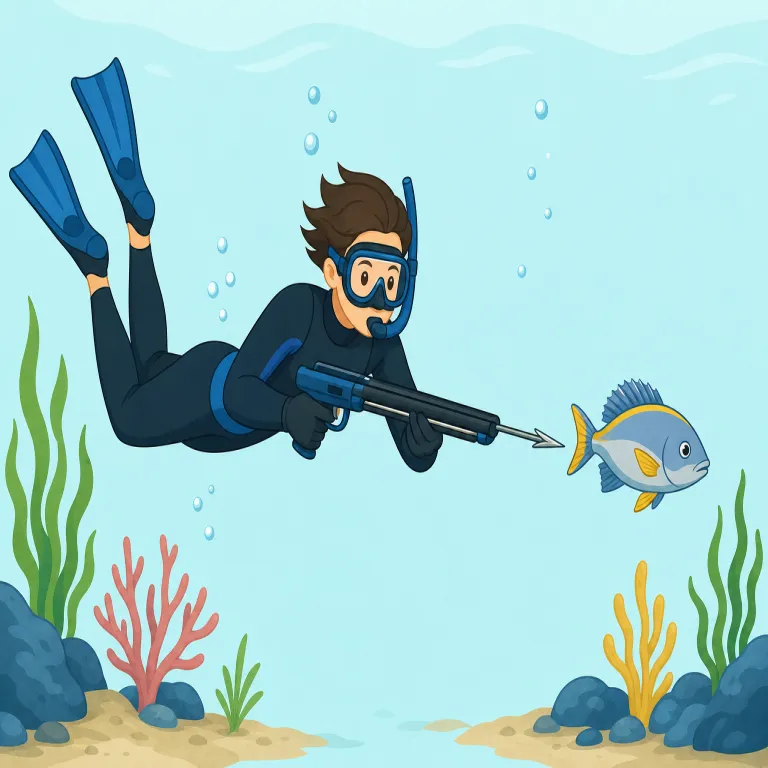 spearfishing（銛漁・名詞）の覚え方イラスト — `fishing` が見えたらまず「魚をとること」