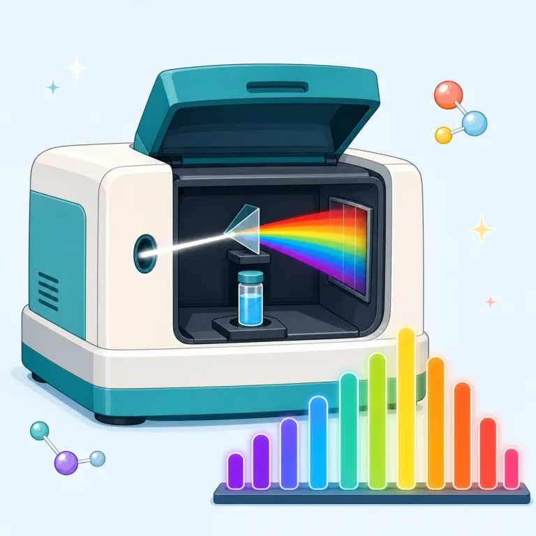spectrometry（分光分析・名詞）の覚え方イラスト — spectrum（スペクトル）と meter / -metry（測る）が見えれば、「スペクトルを測って分析する技術」とつながります