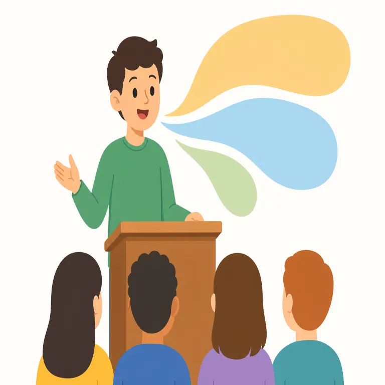 speech（スピーチ・名詞）の覚え方イラスト — このエントリでは speech を「話すこと」一般ではなく、人前で述べるまとまった発言や、公的に意見を表す「言論」に近い意味として覚えます