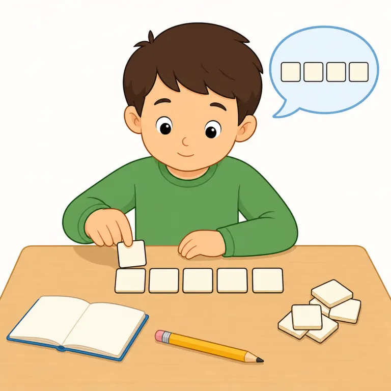 spell（つづる・動詞）の覚え方イラスト — spell は日本語でも「スペル」としてよく使われ、単語を作る letters を正しい順番に並べる動作を表す