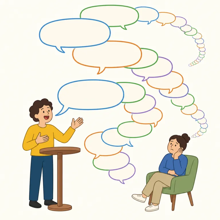 spiel（長口上・名詞）の覚え方イラスト — spiel は、sales pitch の「長くて定型化した版」と置くと覚えやすいです